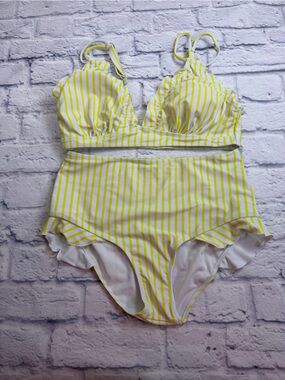 NWOT Yellow & White Striped 2 Piece Swim. High Waisted. Size XL. Nautical.